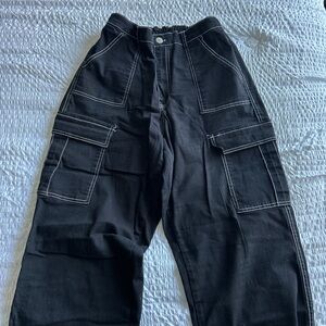 Women's Black Wide Leg Cargo Pants with white seams